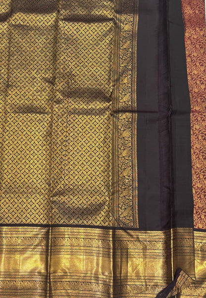 Pure Kanchipuram Silk Saree-Traditional Brown  Gold Zari Panel Border with Contrast Border