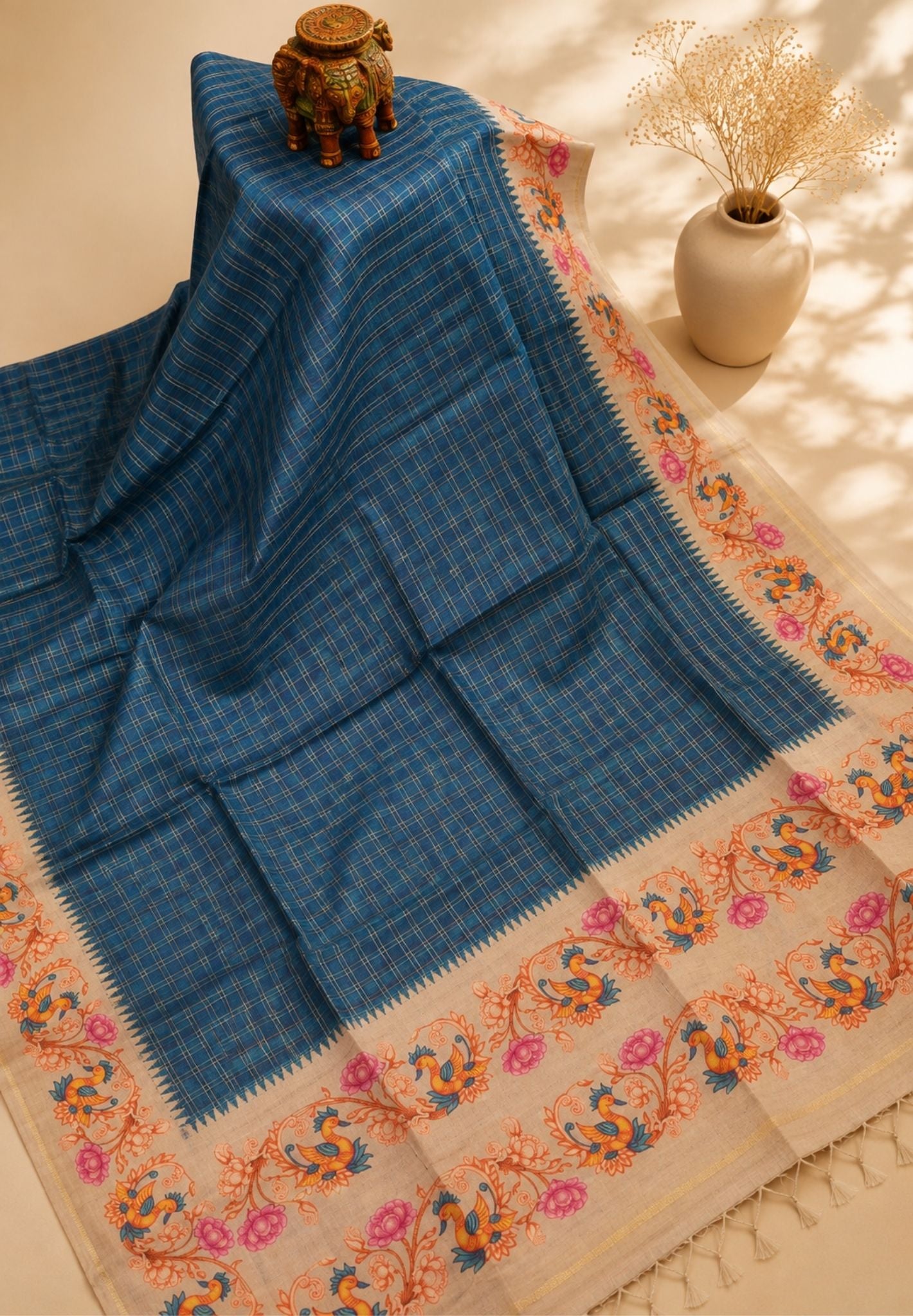 Premium Matka Tussar Saree-Blue with Tanjore Print