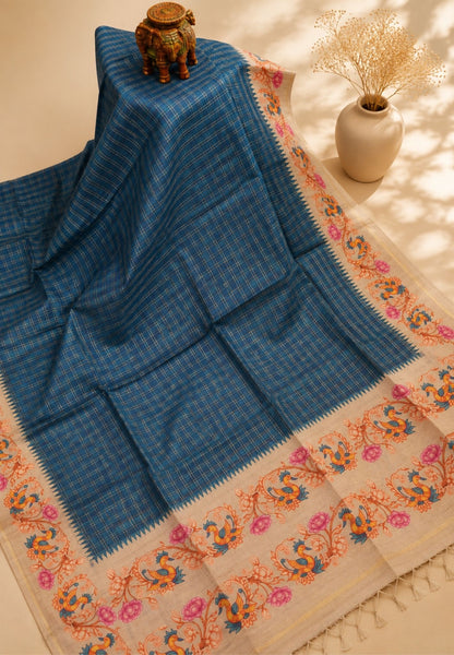 Premium Matka Tussar Saree-Blue with Tanjore Print