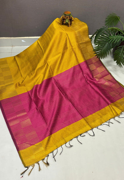 Semi Raw Silk Saree-Mustard In Checkered Zari With Contrast Border
