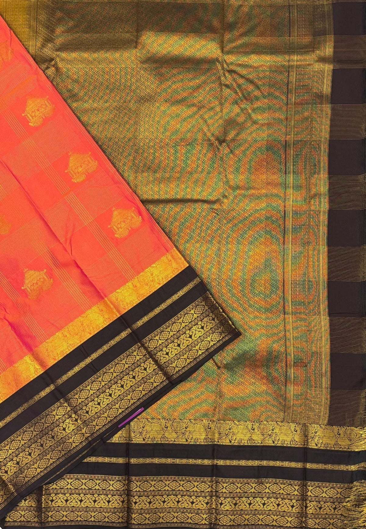 Budget Kanchipuram Saree-Pinkish Orange In Floral Zari Panel With Contrast Border