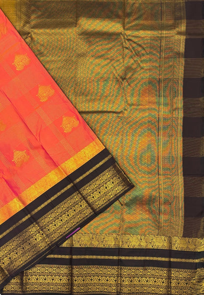 Budget Kanchipuram Saree-Pinkish Orange In Floral Zari Panel With Contrast Border