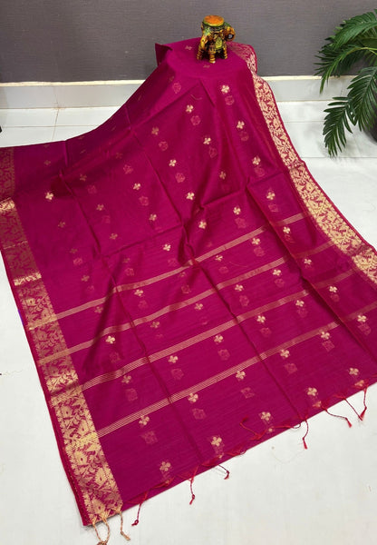 Handloom Silk Cotton Saree-Magenta In Floral Butta Brocade Border