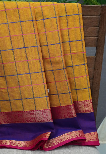 Chettinad Cotton Saree–Turmeric Yellow With Thread Checks Annapakshi Zari Border