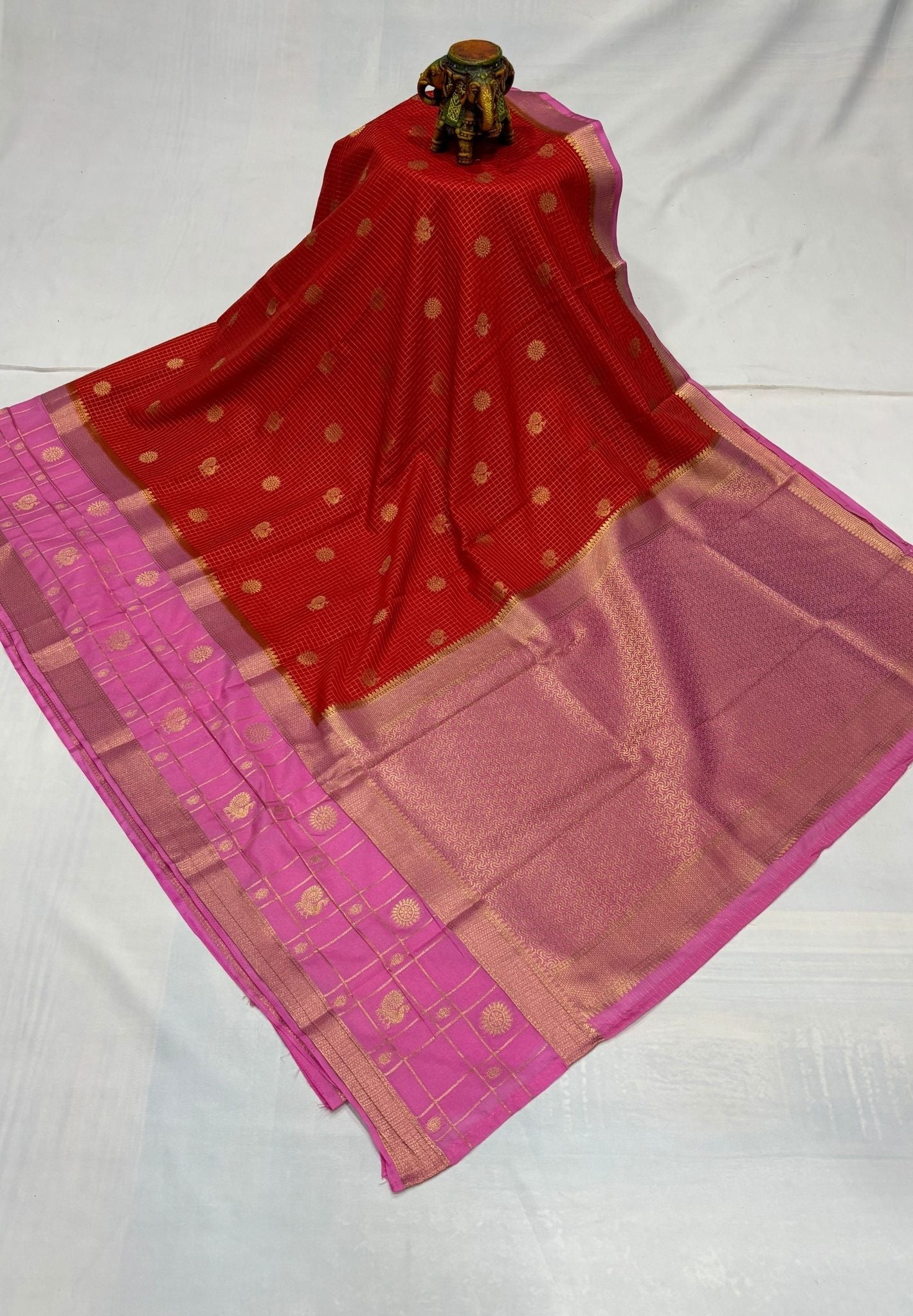 Art Mysore Silk Saree-Orange in Checkered Pattern with Contrast Border