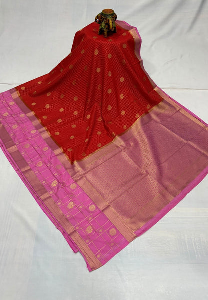 Art Mysore Silk Saree-Orange in Checkered Pattern with Contrast Border