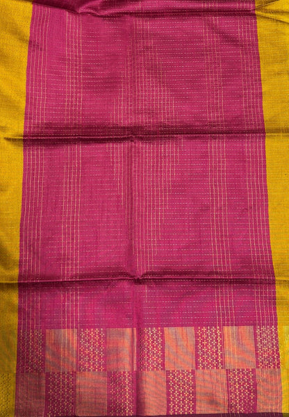 Semi Raw Silk Saree-Mustard In Checkered Zari With Contrast Border