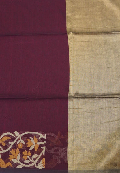 Handloom Cotton Saree-Maroon Floral Jamdhani Border