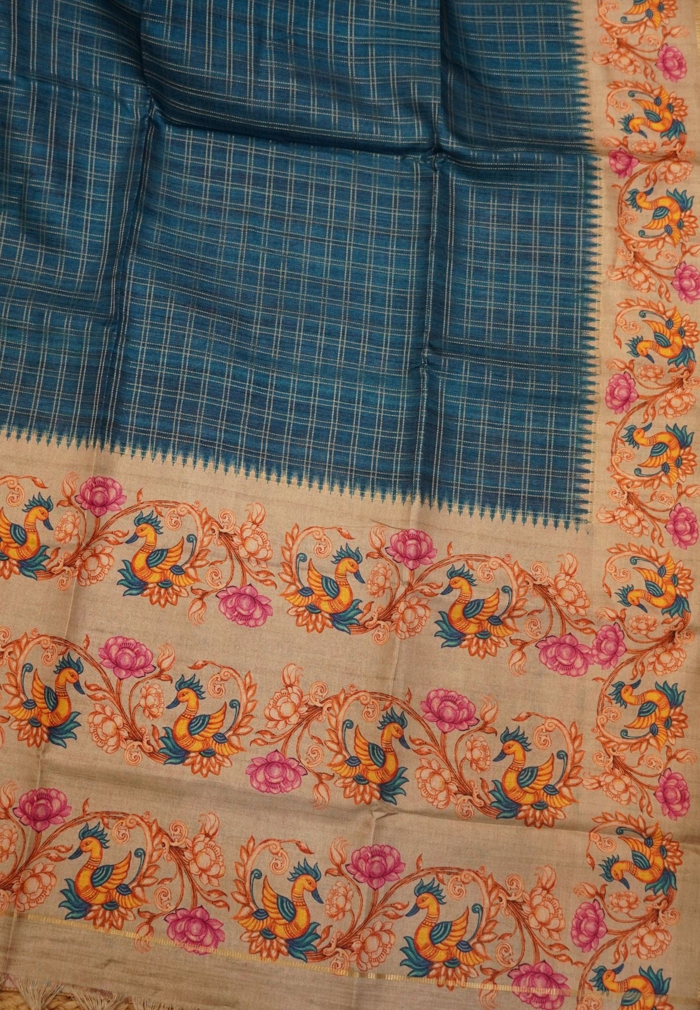 Premium Matka Tussar Saree-Blue with Tanjore Print