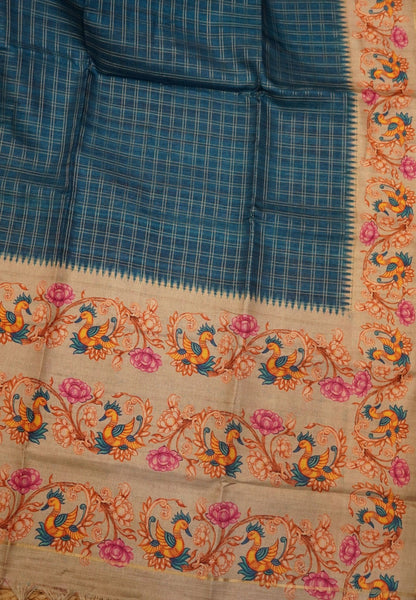 Premium Matka Tussar Saree-Blue with Tanjore Print