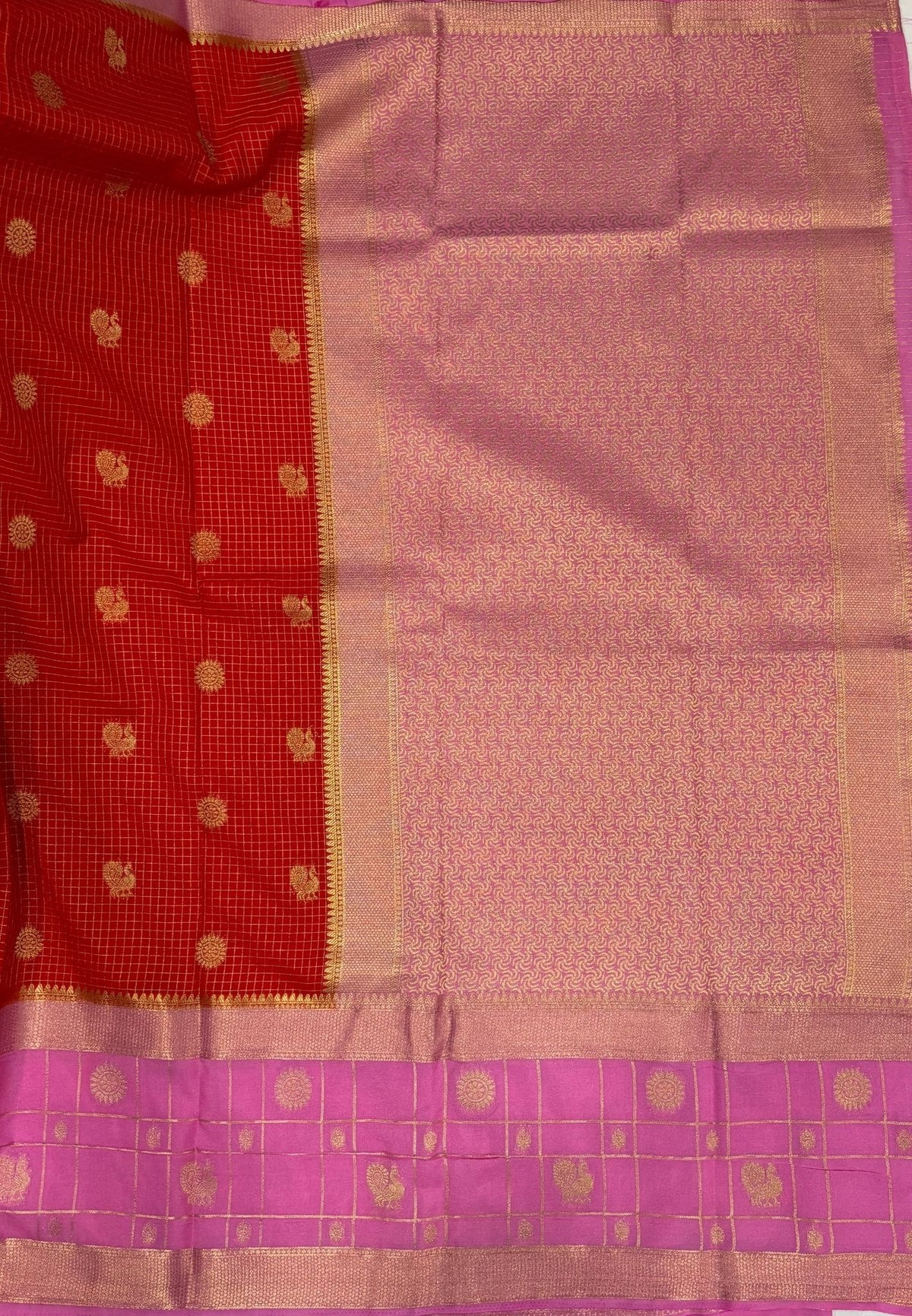 Art Mysore Silk Saree-Orange in Checkered Pattern with Contrast Border
