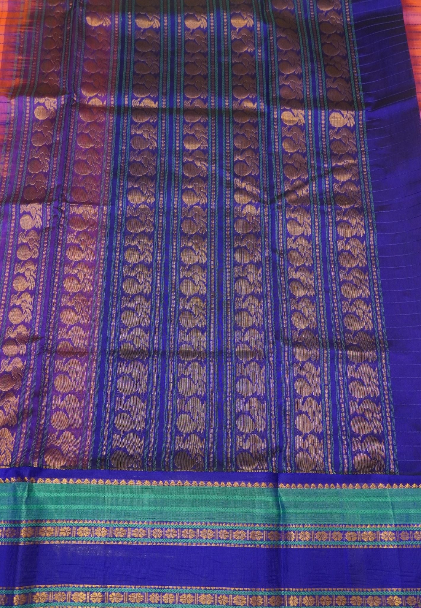 Pure Silk Cotton Saree-Mittai Pink-Blue with Floral Zari Contrast Border