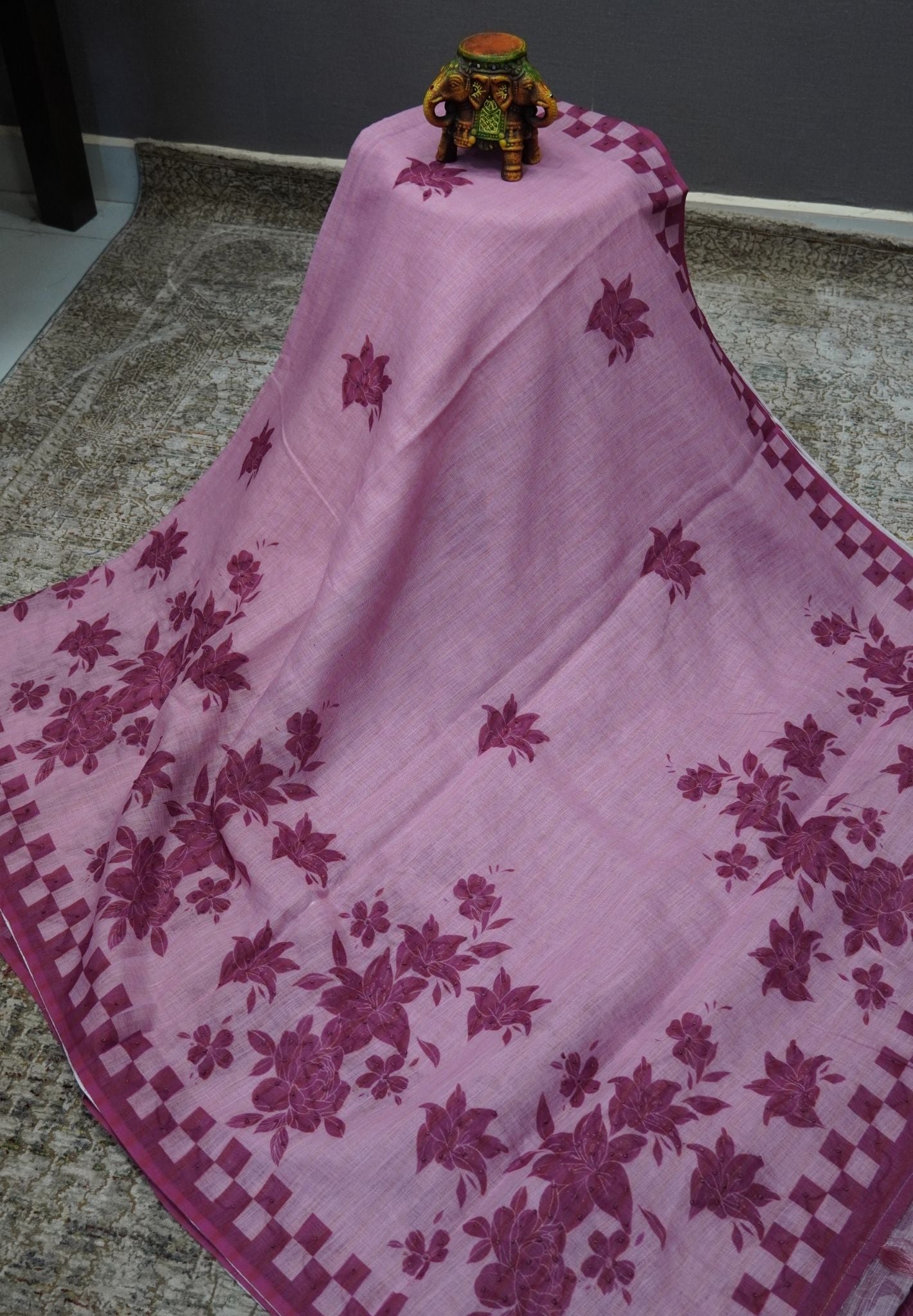 Linen Saree-Dark Pink Checkered Border with French Knot