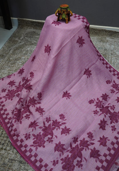 Linen Saree-Dark Pink Checkered Border with French Knot