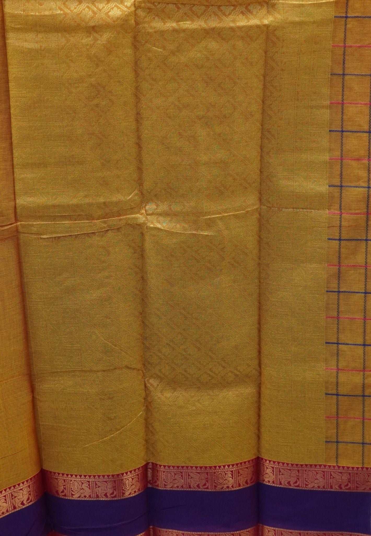 Chettinad Cotton Saree–Turmeric Yellow With Thread Checks Annapakshi Zari Border