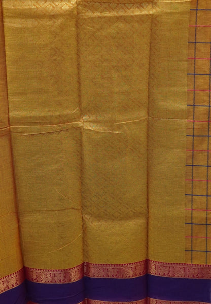 Chettinad Cotton Saree–Turmeric Yellow With Thread Checks Annapakshi Zari Border
