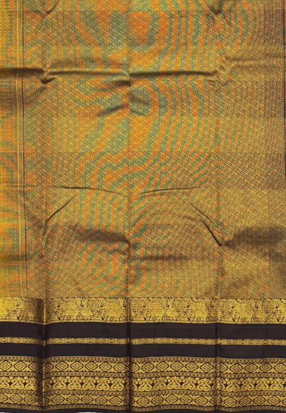 Budget Kanchipuram Saree-Pinkish Orange In Floral Zari Panel With Contrast Border