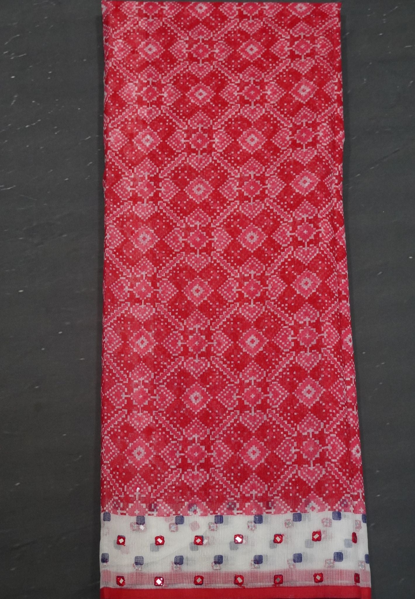 Supernet Kota Cotton Saree-Red with Mirror Work