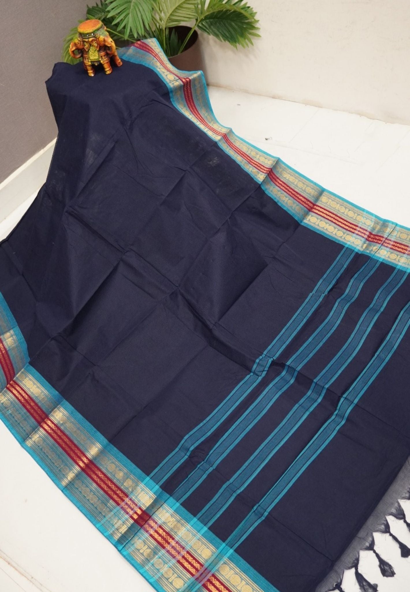 Kanchi Cotton Saree-Navy Blue-Sky Blue With Rudraksh Border