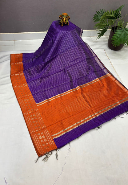 Raw Silk Saree-Violet in 1000 Butta with Contrast Zari Border