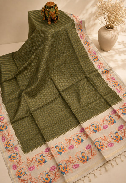 Premium Matka Tussar Saree-Sage Green with Tanjore Print