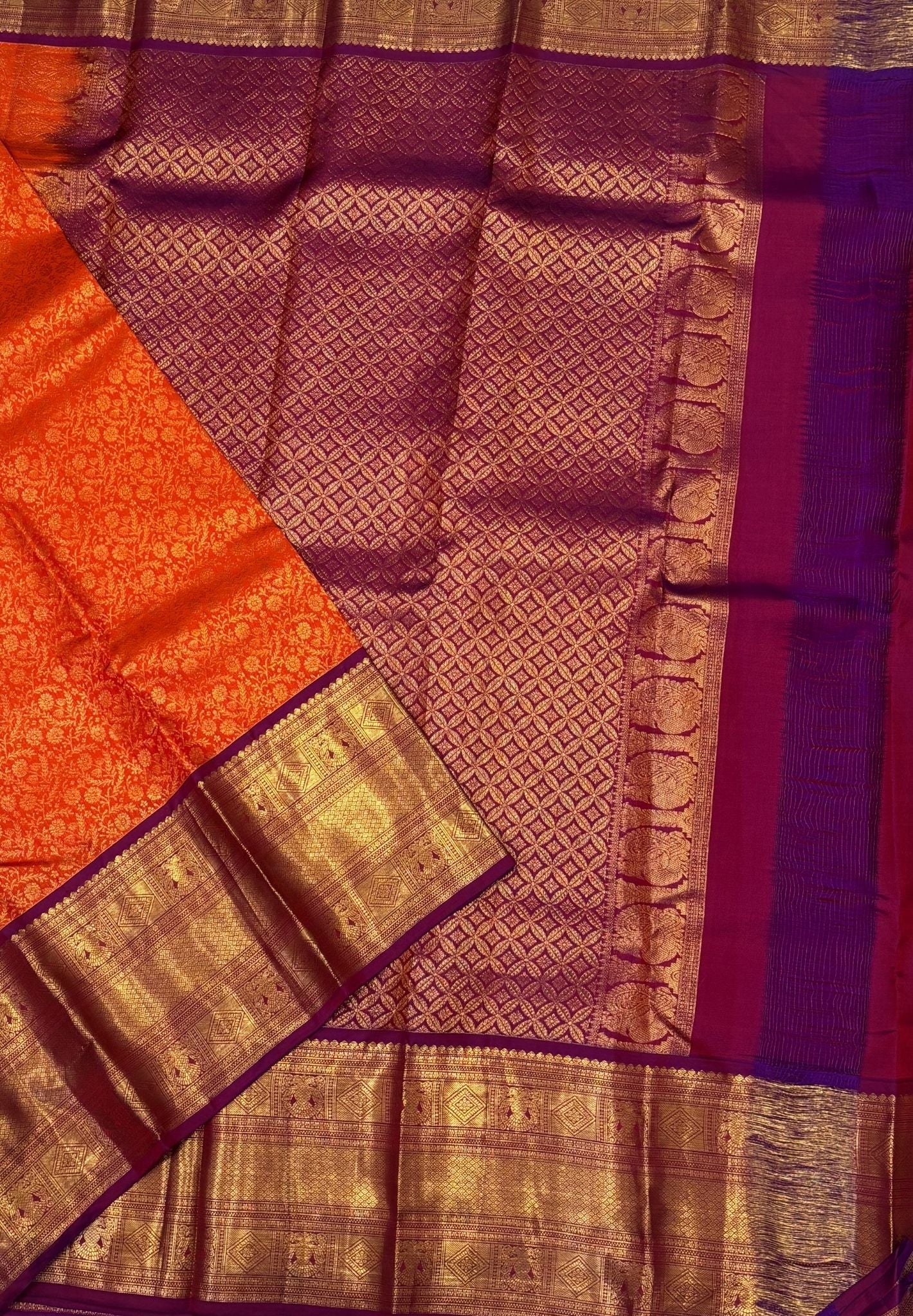 Pure Kanchipuram Silk Saree-Traditional Orange with Contrast Border