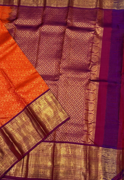 Pure Kanchipuram Silk Saree-Traditional Orange with Contrast Border