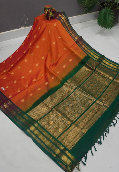 Rich Kanchi Cotton Saree-Orange with Contrast Border