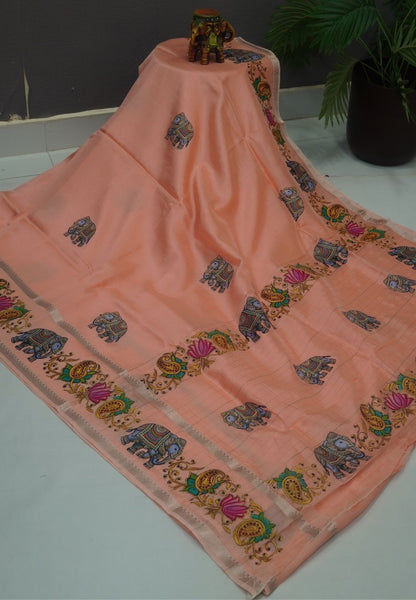 Pure Mangalgiri Silk Saree-Light Peach in Tanjore Print with Retapet Border