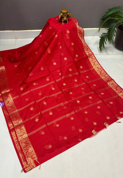 Handloom Silk Cotton Saree-Red In Floral Butta Brocade Border