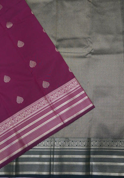 Budget Kanchipuram Saree-Wine In Floral Leaf & Stripe Zari Border