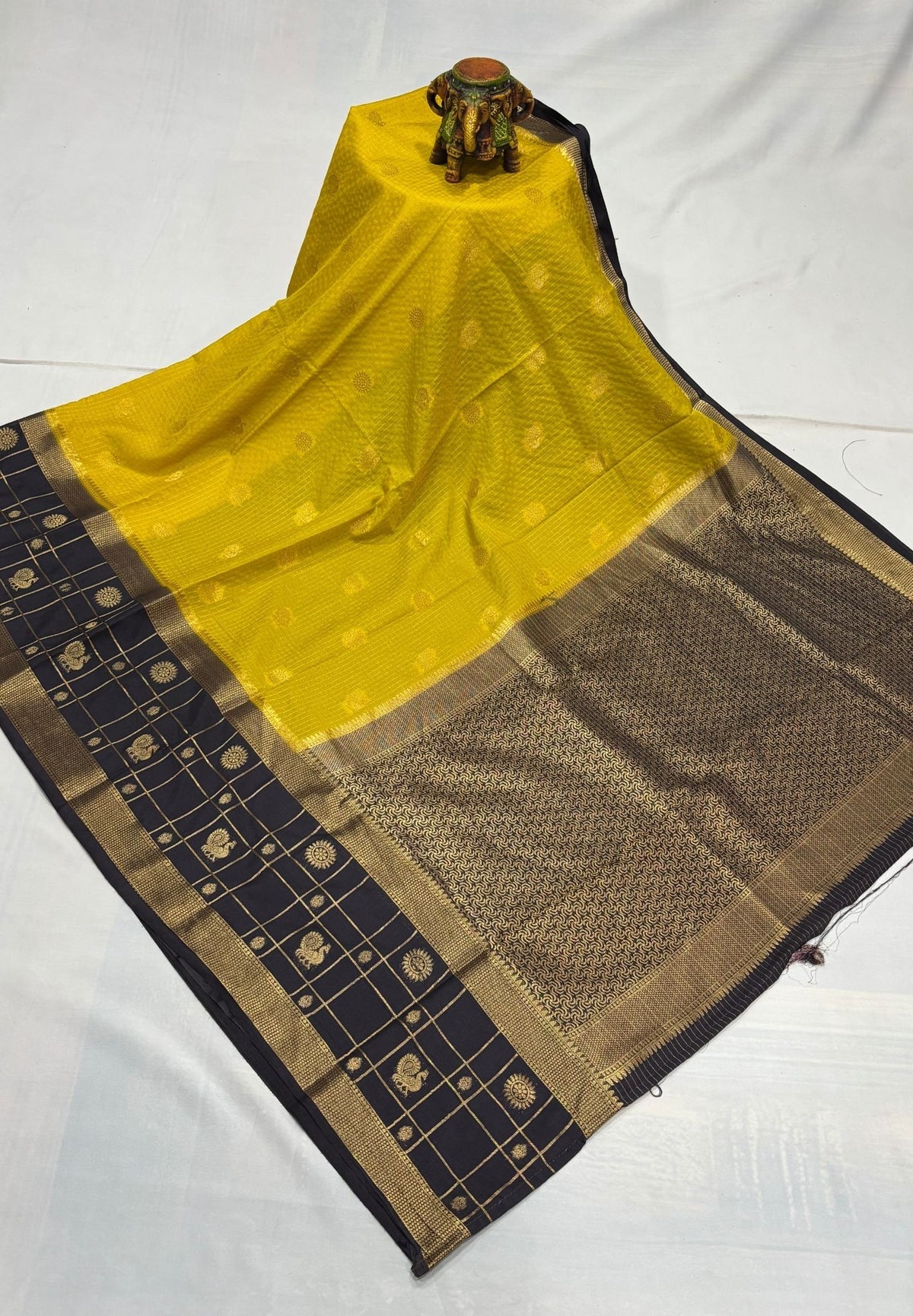 Art Mysore Silk Saree-Lemon Yellow in Checkered Pattern with Contrast Border