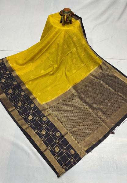 Art Mysore Silk Saree-Lemon Yellow in Checkered Pattern with Contrast Border