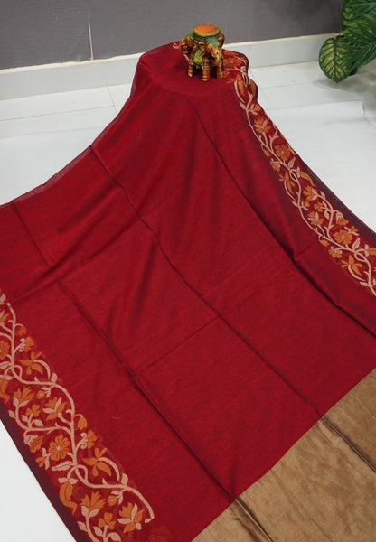 Handloom Cotton Saree-Red Floral Jamdhani Border