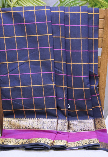 Chettinad Cotton Saree–Navy Blue With Thread Checks Annapakshi Zari Border