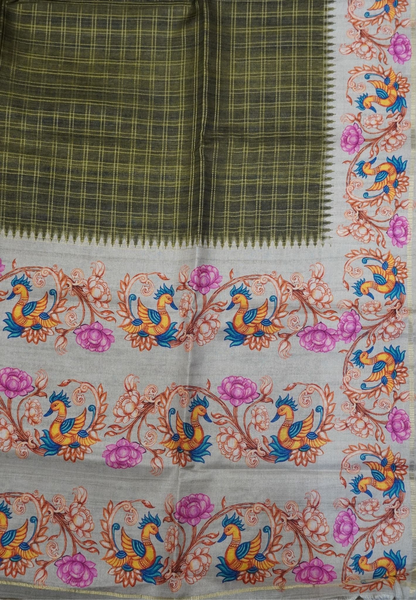 Premium Matka Tussar Saree-Sage Green with Tanjore Print