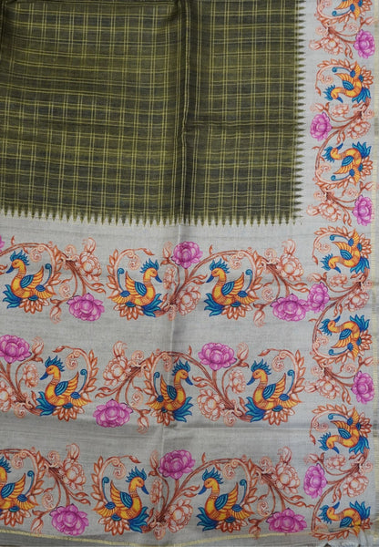 Premium Matka Tussar Saree-Sage Green with Tanjore Print