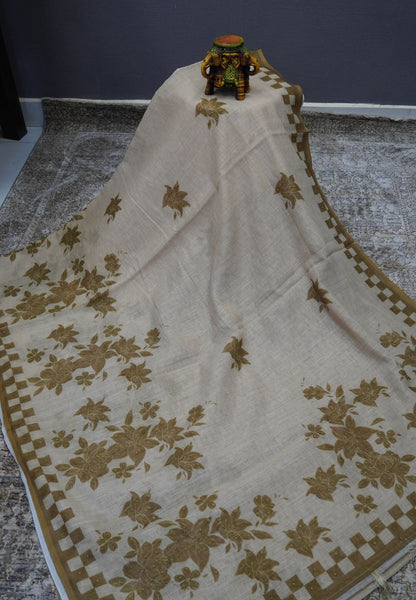 Linen Saree-Khaki Checkered Border with French Knot