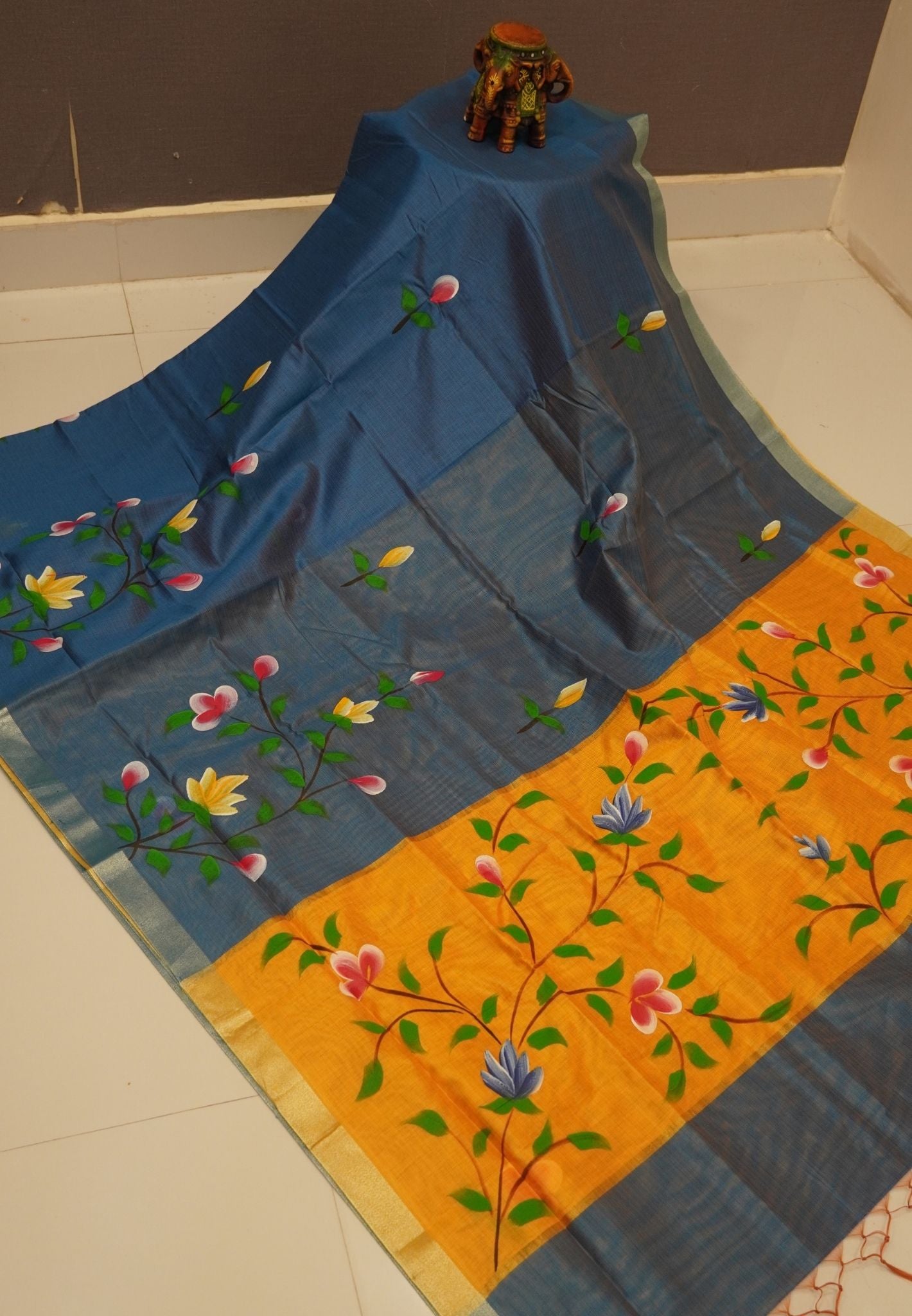 Cora Linen Saree-Blue with Hand Painted Floral Motifs