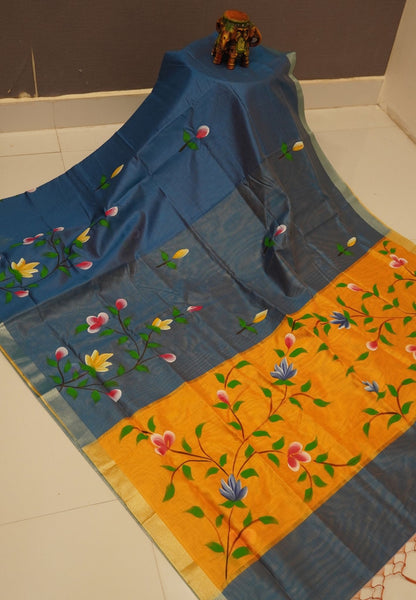 Cora Linen Saree-Blue with Hand Painted Floral Motifs