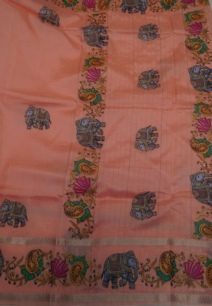 Pure Mangalgiri Silk Saree-Light Peach in Tanjore Print with Retapet Border