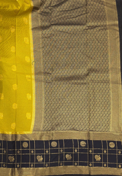 Art Mysore Silk Saree-Lemon Yellow in Checkered Pattern with Contrast Border