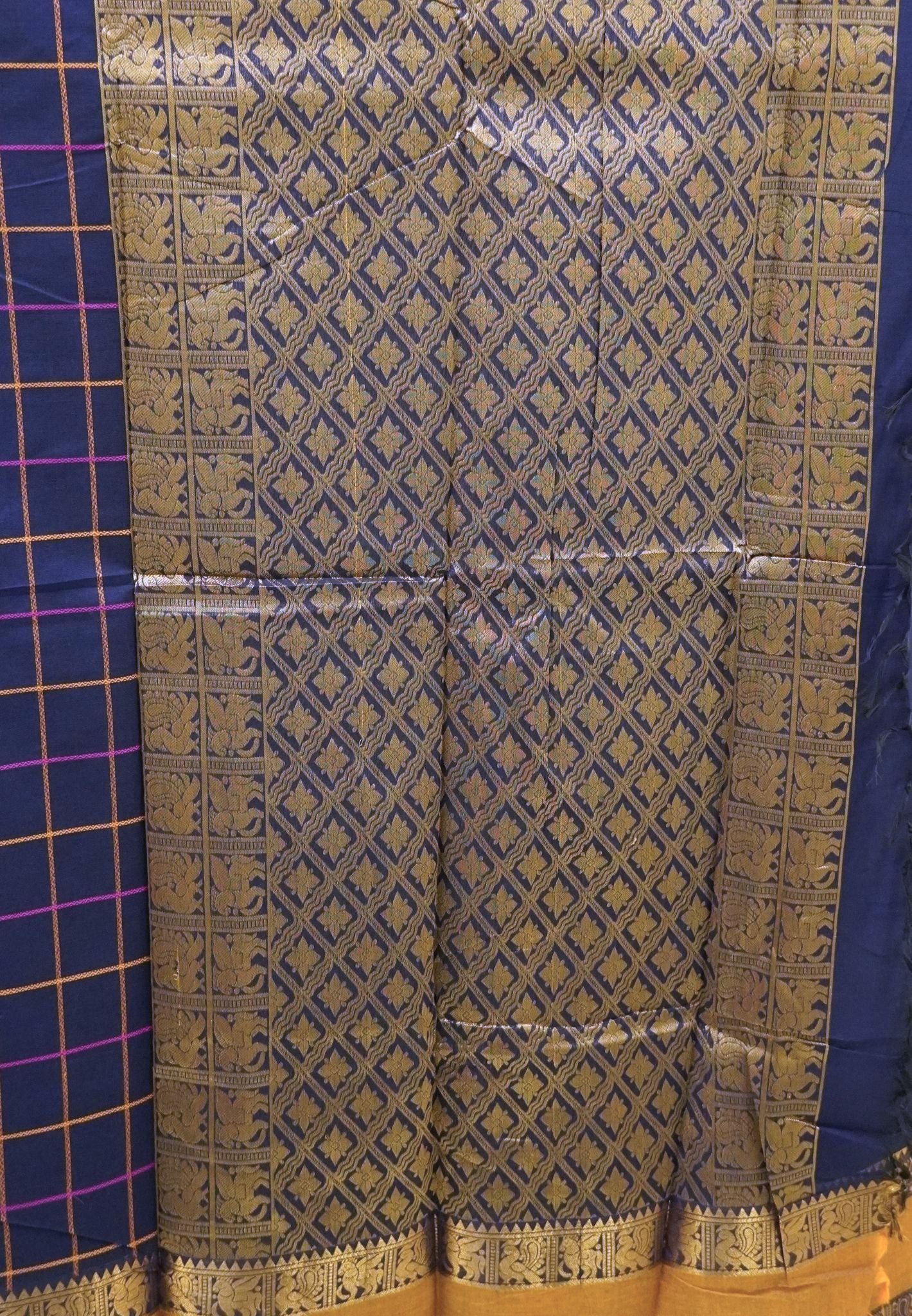 Chettinad Cotton Saree–Navy Blue With Thread Checks Annapakshi Zari Border