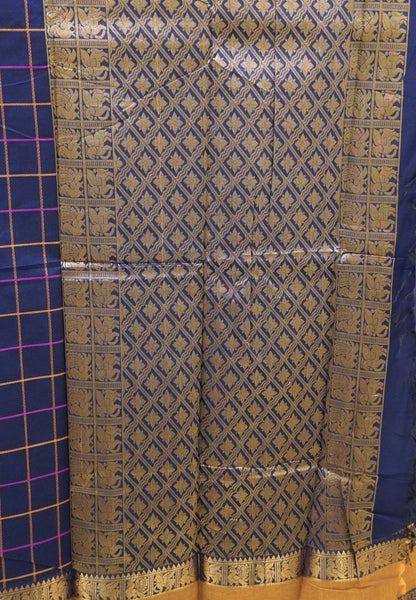 Chettinad Cotton Saree–Navy Blue With Thread Checks Annapakshi Zari Border