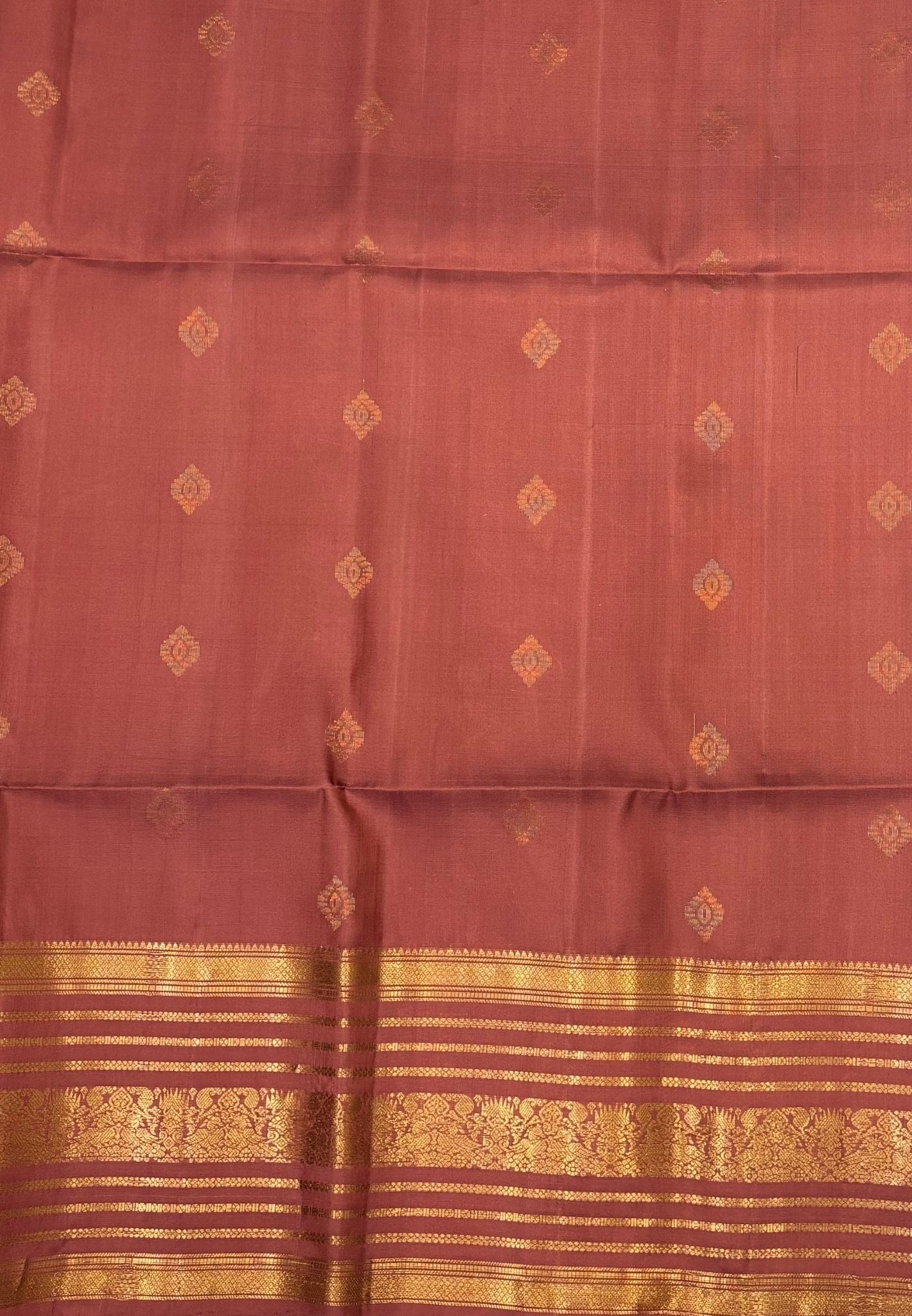 Pure Kanchipuram Silk Saree-Pale Orange in Floral Striped Zari Border