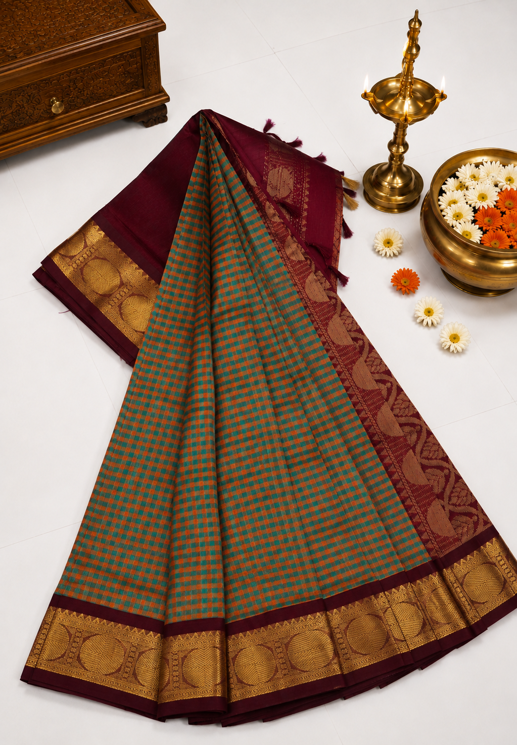 Pure Silk Cotton Saree- Palum Pazhamum Small Checks