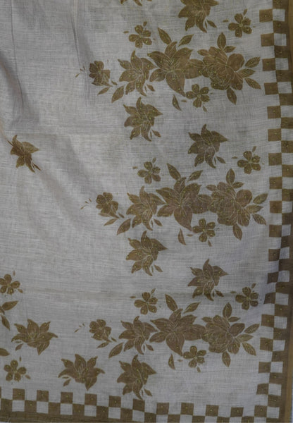 Linen Saree-Khaki Checkered Border with French Knot