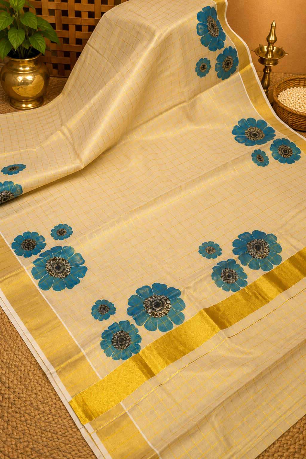 Tissue Saree – Sandal with Golden Checks and Blue Floral Print