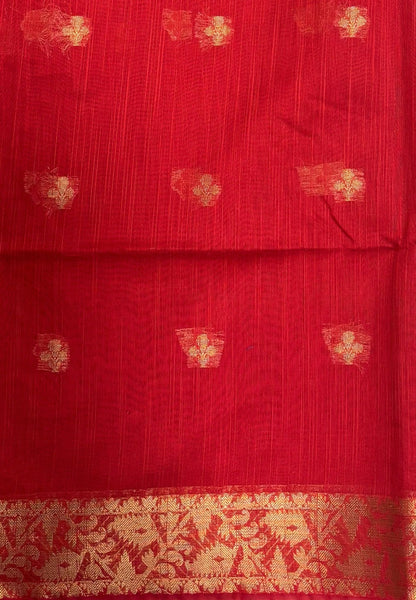 Handloom Silk Cotton Saree-Red In Floral Butta Brocade Border