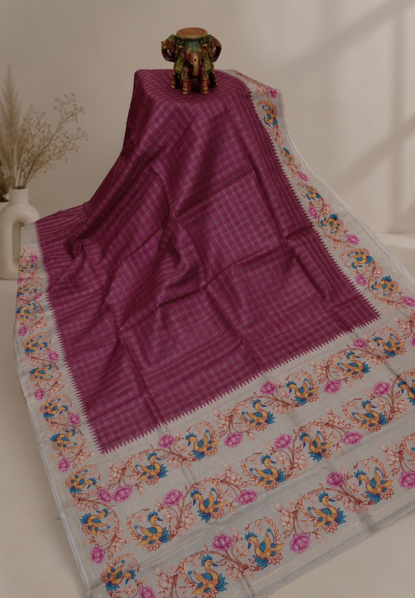 Premium Matka Tussar Saree-Magenta with Tanjore Print